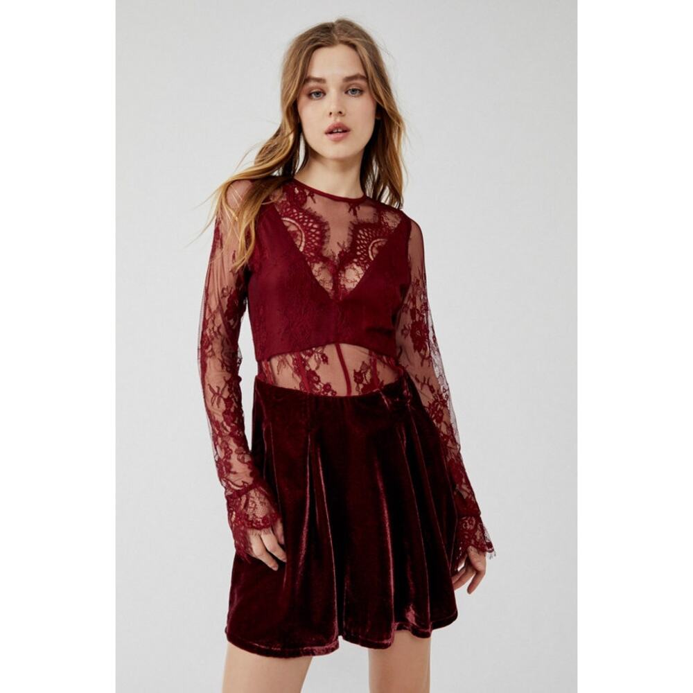 Free People Marlie Garnet Red Lace Velvet Long Sleeve Mini Dress Size XS - Picture 2 of 7